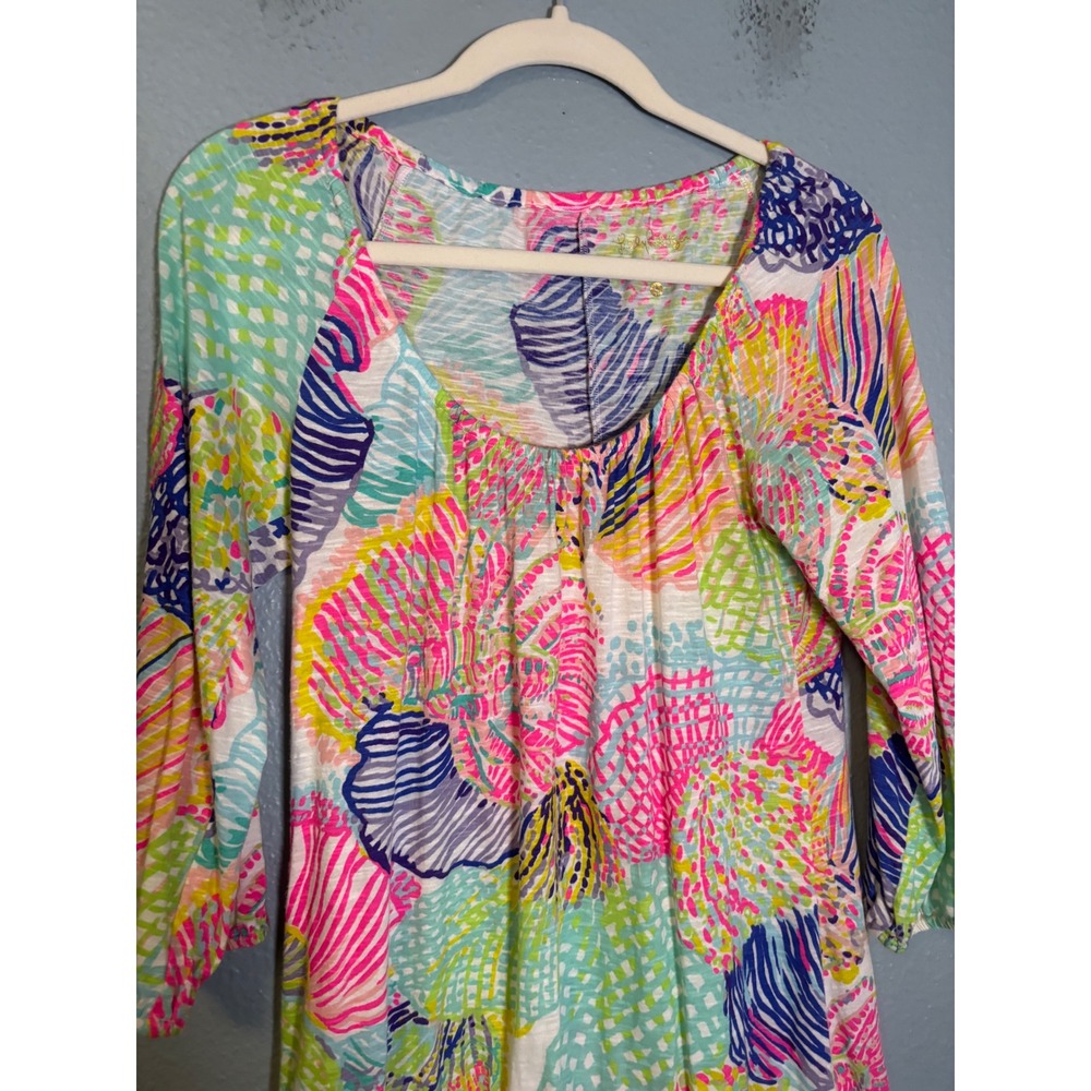 Lilly Pulitzer Alia Storm of the Seas Shell Elastic Scoop Neck Fringed Top Small - Picture 4 of 6